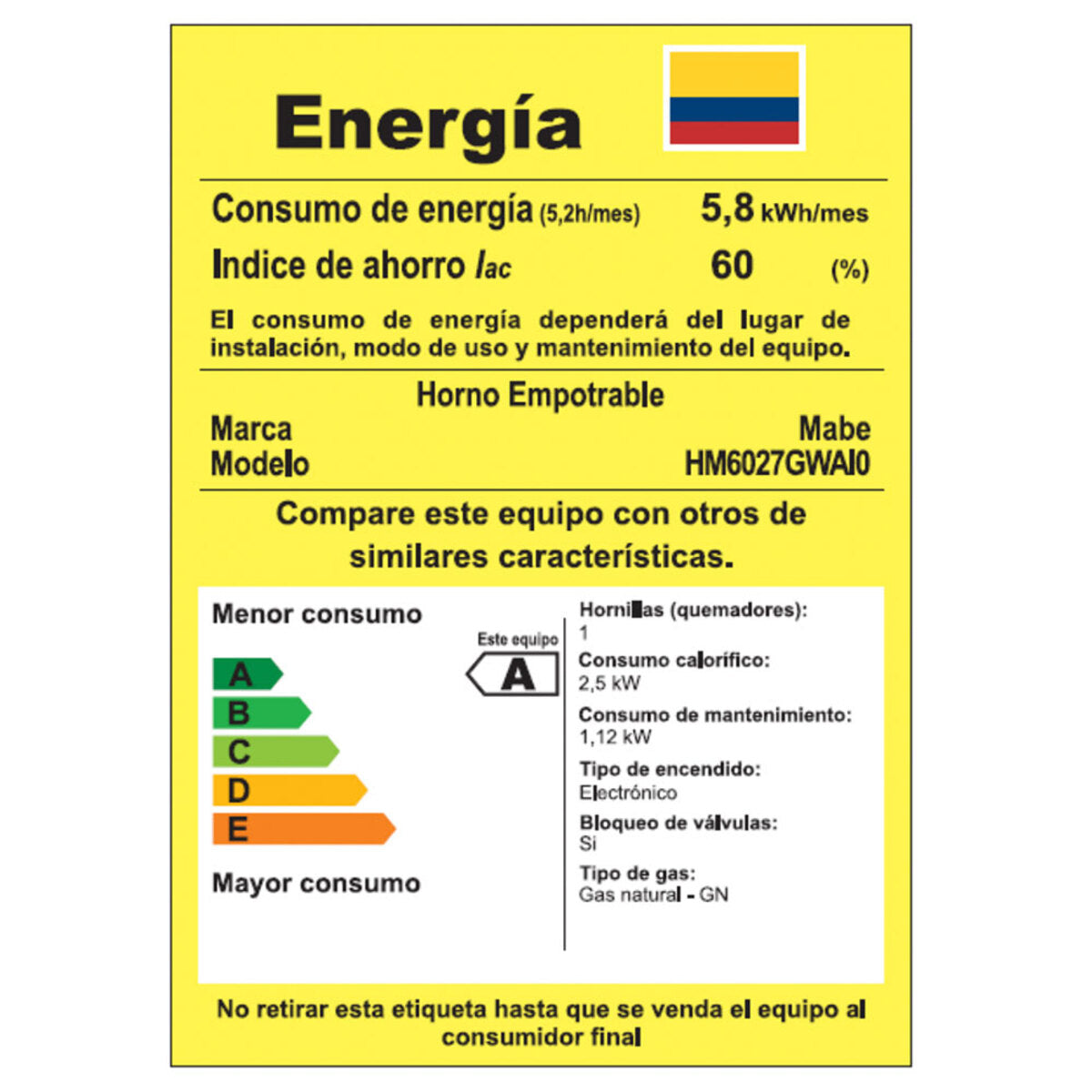 HORNO MABE EMPOTRAR 60 CM 110V INOX GAS HM6027GWAI0