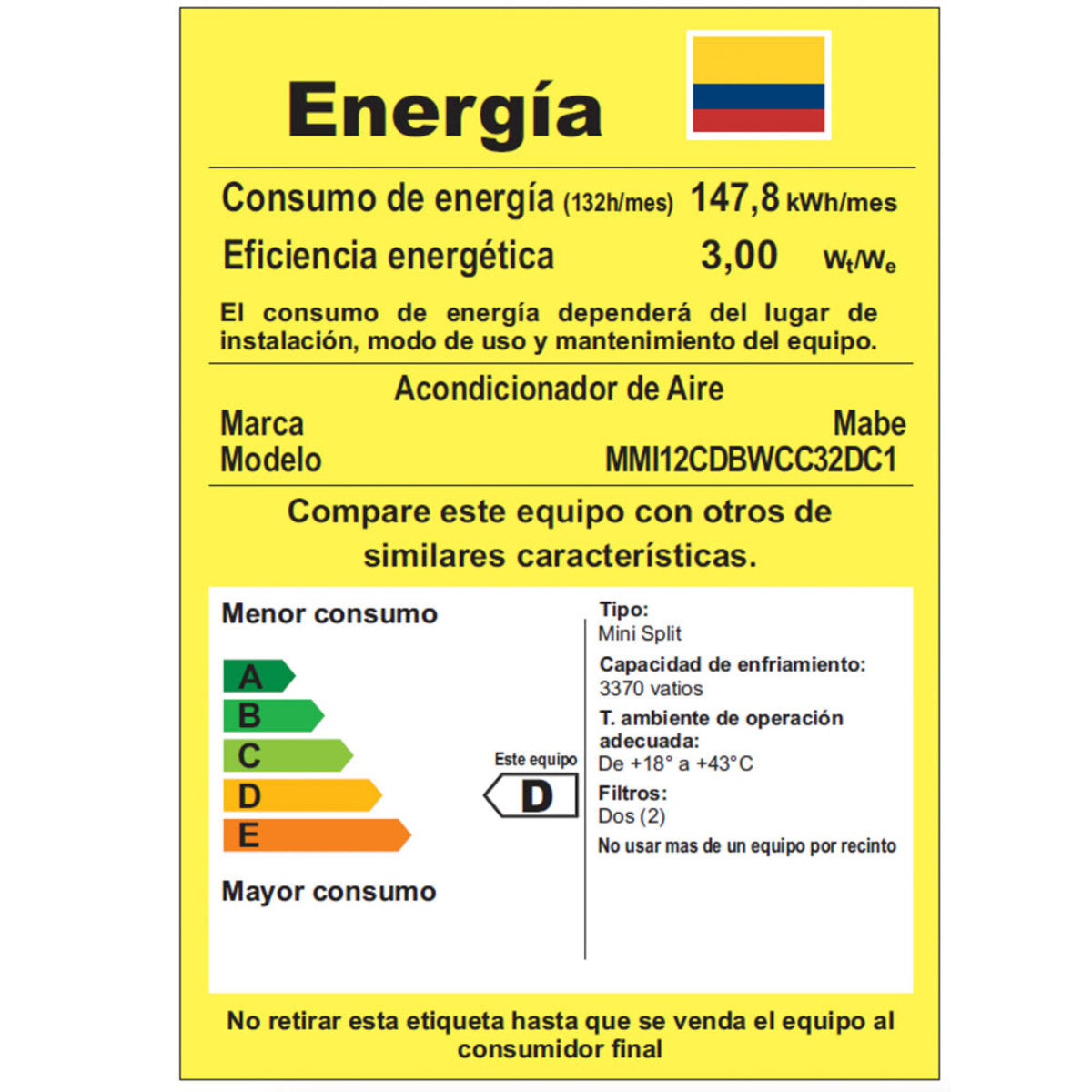 Aire Acondicionado Mabe Inverter 220v 12.000 BTU Blanco - MMI12CDBWCC32DC1