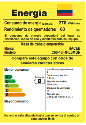 Estufa de Empotrar ASL CG Cristal de 4 puestos Haceb de 60 X 43 cm a Gas Natural - ASL60-43-CRISTAL-GN