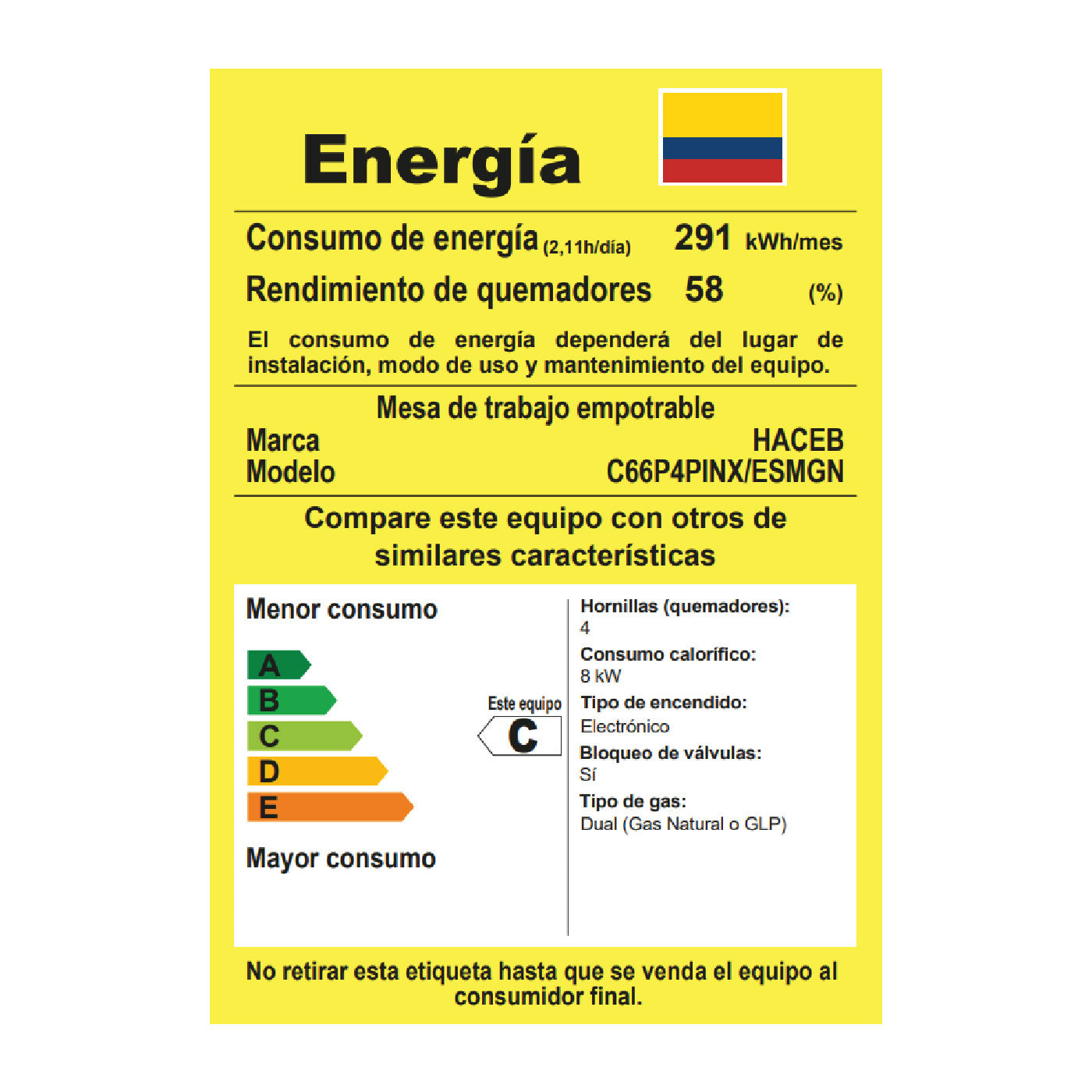 Estufa de Empotrar Haceb de 4 puestos a Gas Natural Inox - ARL-CG66-INOX-GN