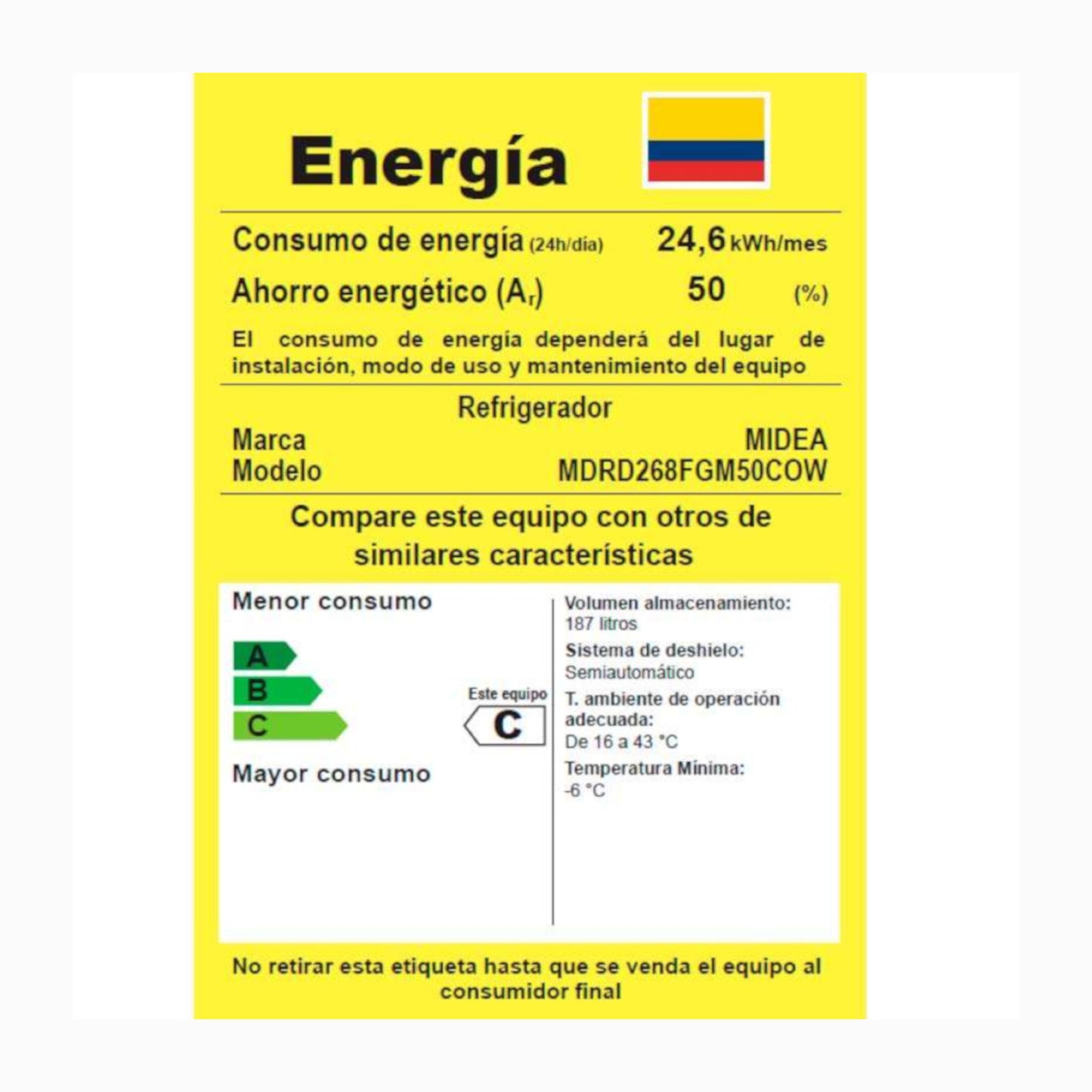 Nevera Midea 1 Puerta 187L Lake Silver MDRD268FGM50COW