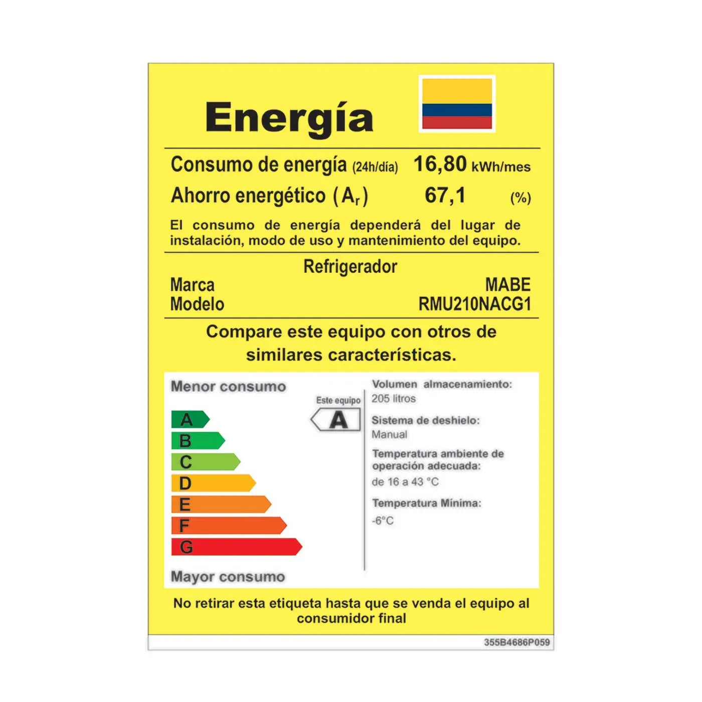Nevera MABE Frost Grafito Home Energy Saber RMU210NACG1 - 211 LTS