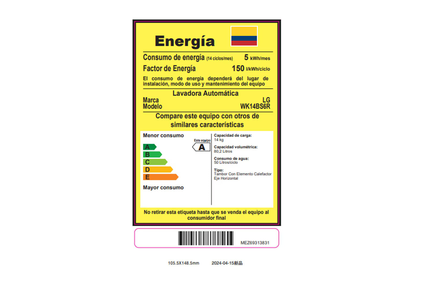 Torre de lavado LG 14 kg lavadora / 10kg secadora - WK14BS6R