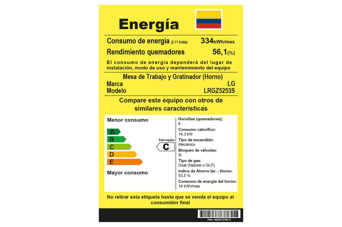 Estufa LG a gas 5.2 pies cúbicos de 6 Quemadores - LRGZ5253S(**)