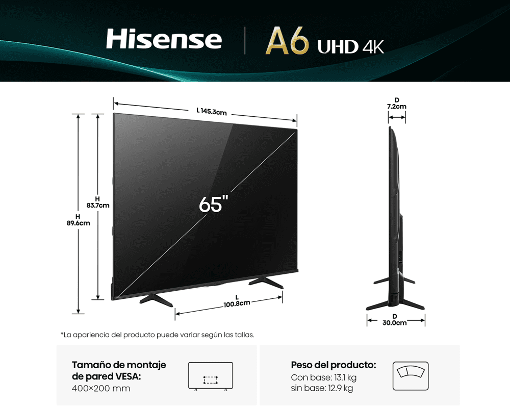 Televisor Hisense 65" UHD-4K - 65A6NV