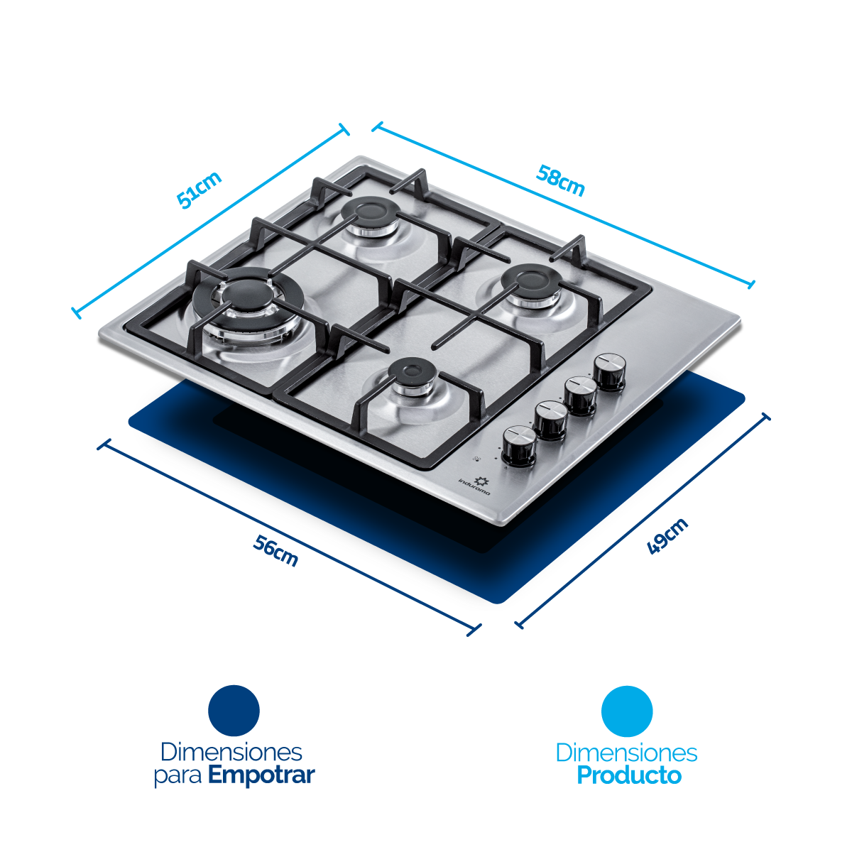 Estufa Empotrable 60 cm Inox 4 Quemadores Triple Corona Indurama Gas Natural. EGI-604AIF
