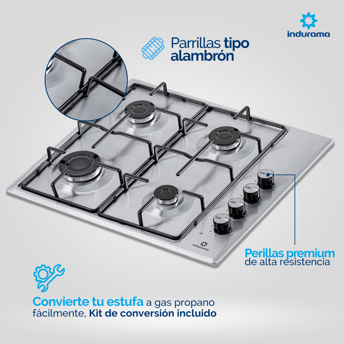 Estufa de Empotrar 60 cm Inox 4 Quemadores Indurama Gas Natural  Encendido Automático.EGI-604AIA Inox