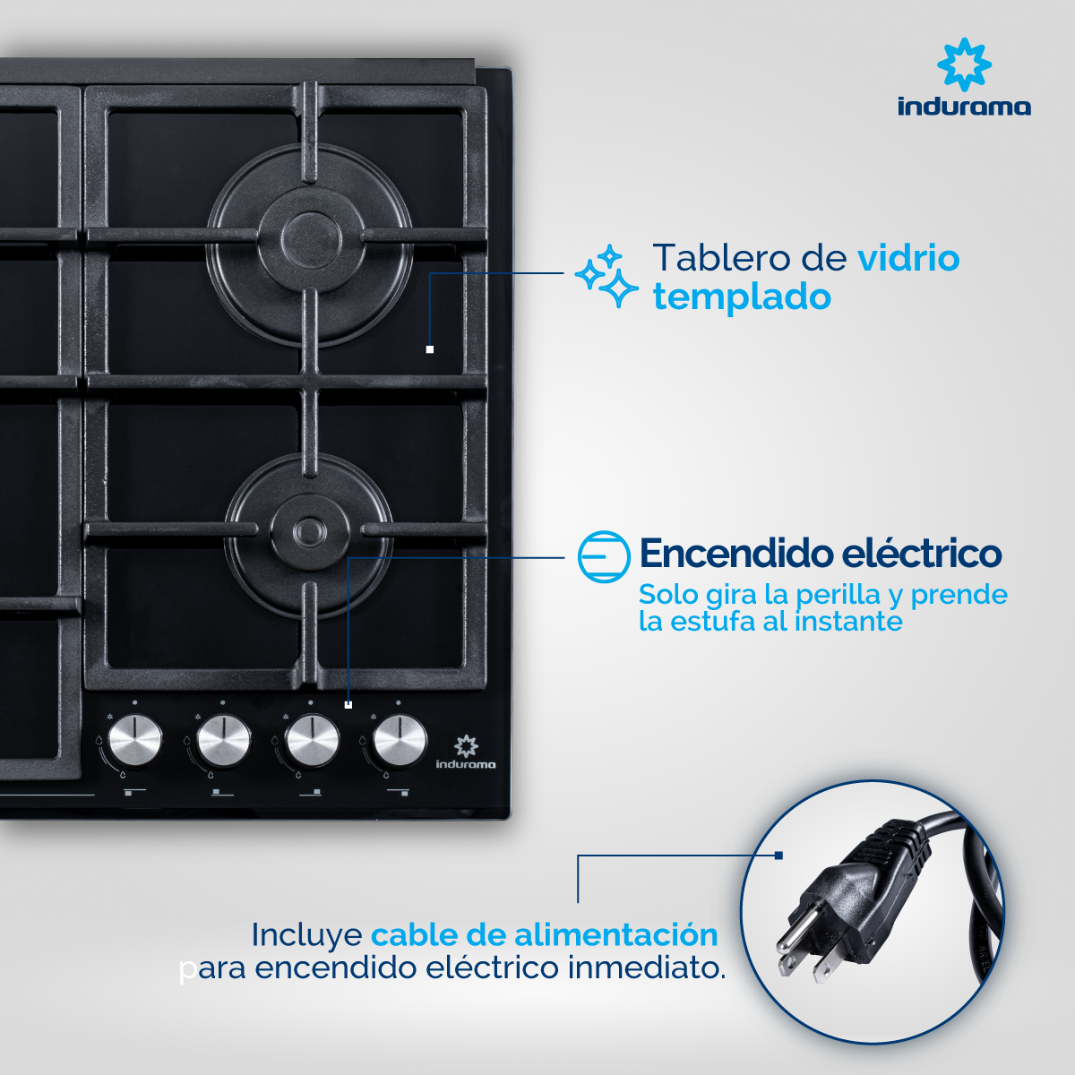 Encimera Vidrio 60 cm 4 Quemadores Triple Corona Indurama Gas Natural. EGI-604VDNF