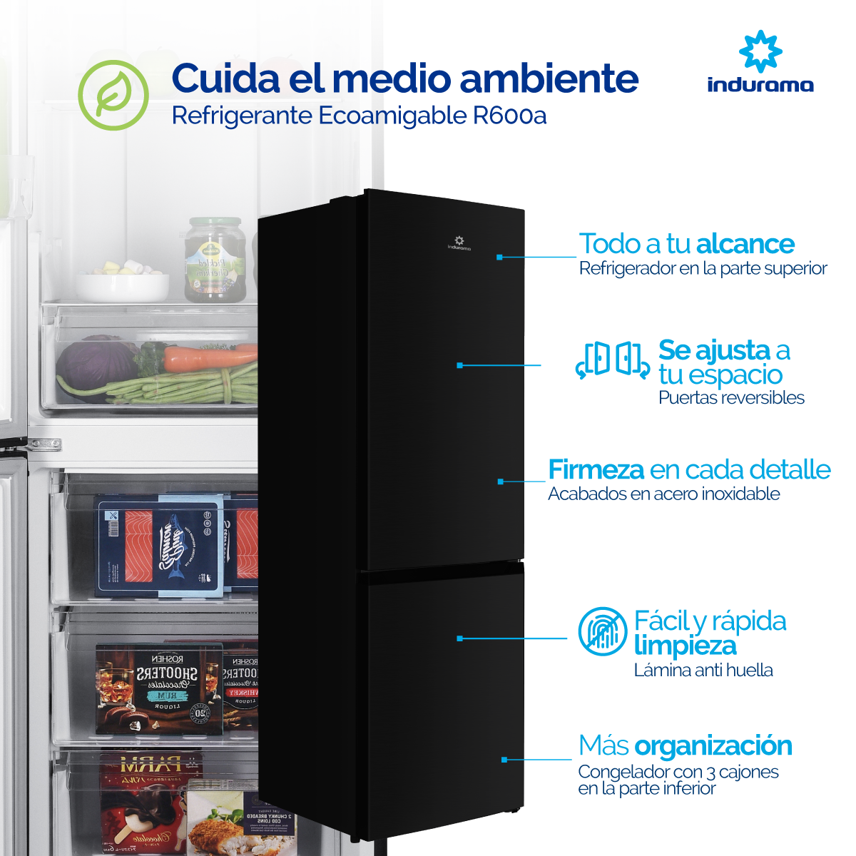 Nevera Indurama Tipo Europeo Bottom Mount Ri-6312 Negra 312 Lts