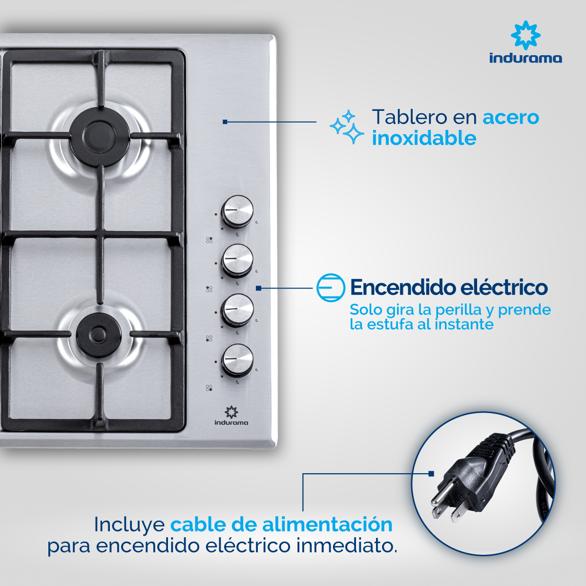 Estufa Empotrable 60 cm Inox 4 Quemadores Triple Corona Indurama Gas Natural. EGI-604AIF