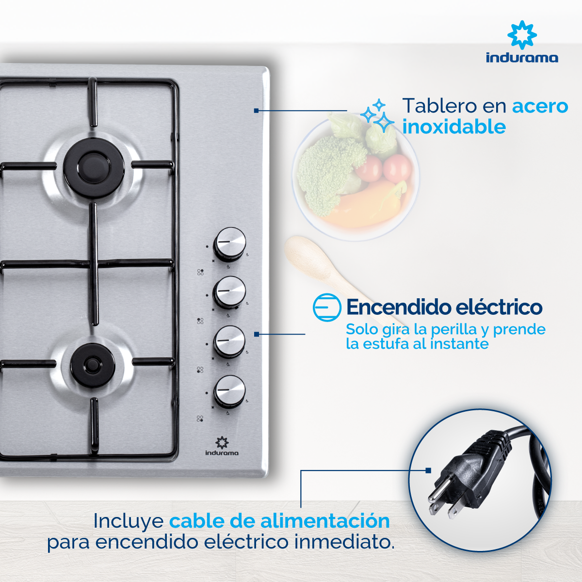 Estufa de Empotrar 60 cm Inox 4 Quemadores Indurama Gas Natural  Encendido Automático.EGI-604AIA Inox