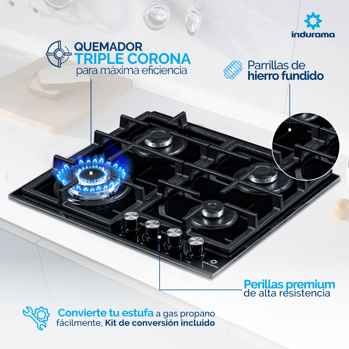 Encimera Vidrio 60 cm 4 Quemadores Triple Corona Indurama Gas Natural. EGI-604VDNF