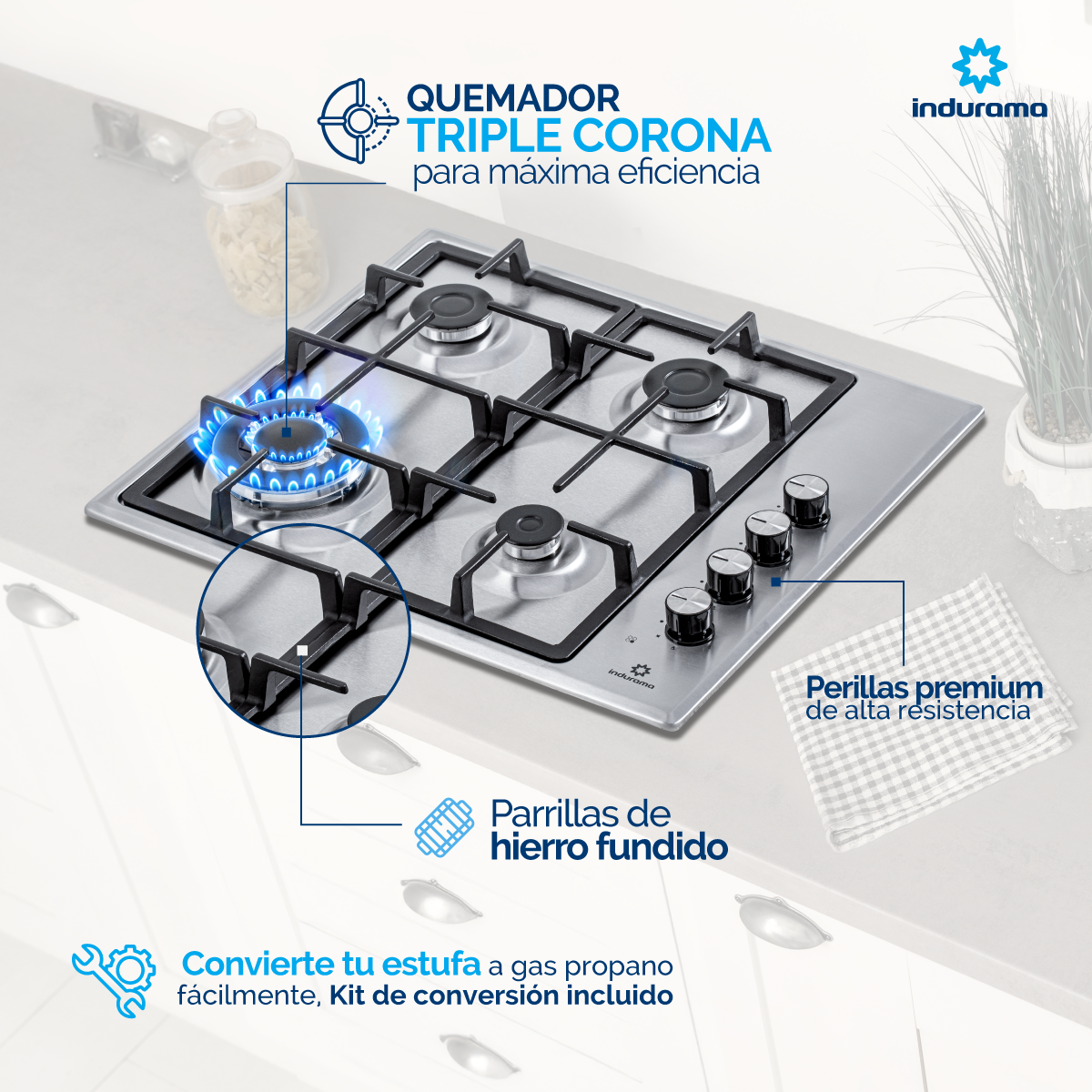 Estufa Empotrable 60 cm Inox 4 Quemadores Triple Corona Indurama Gas Natural. EGI-604AIF