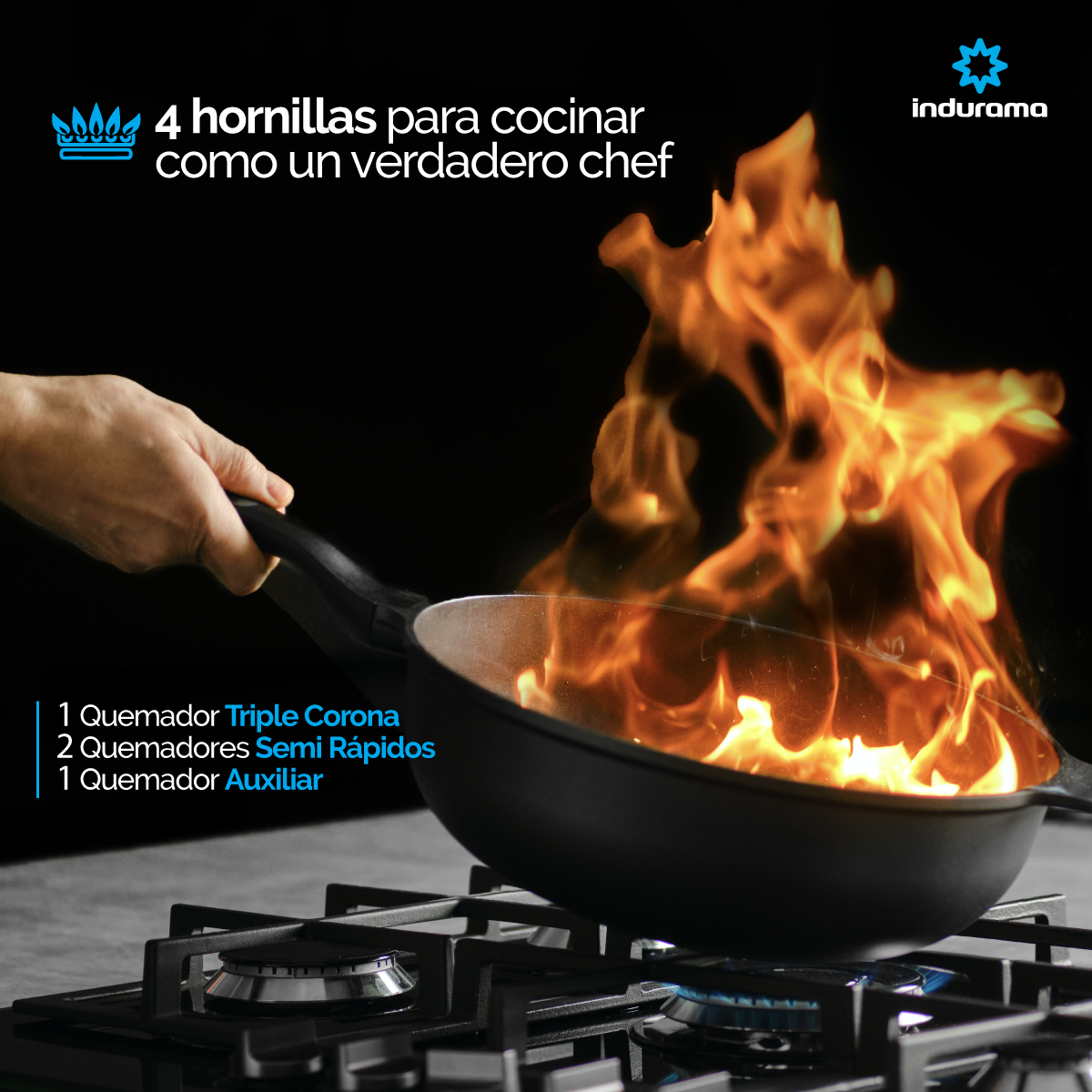 Encimera Vidrio 60 cm 4 Quemadores Triple Corona Indurama Gas Natural. EGI-604VDNF