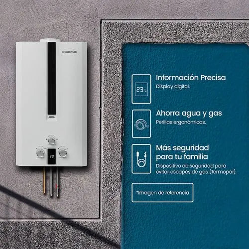 Calentador de paso a gas Challenger 10Lts Tiro Natural Blanco con encendido automático y display digital - WHN 7102
