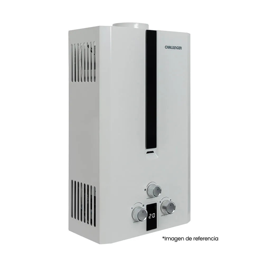 Calentador de paso a gas Challenger 10Lts Tiro Natural Blanco con encendido automático y display digital - WHN 7102