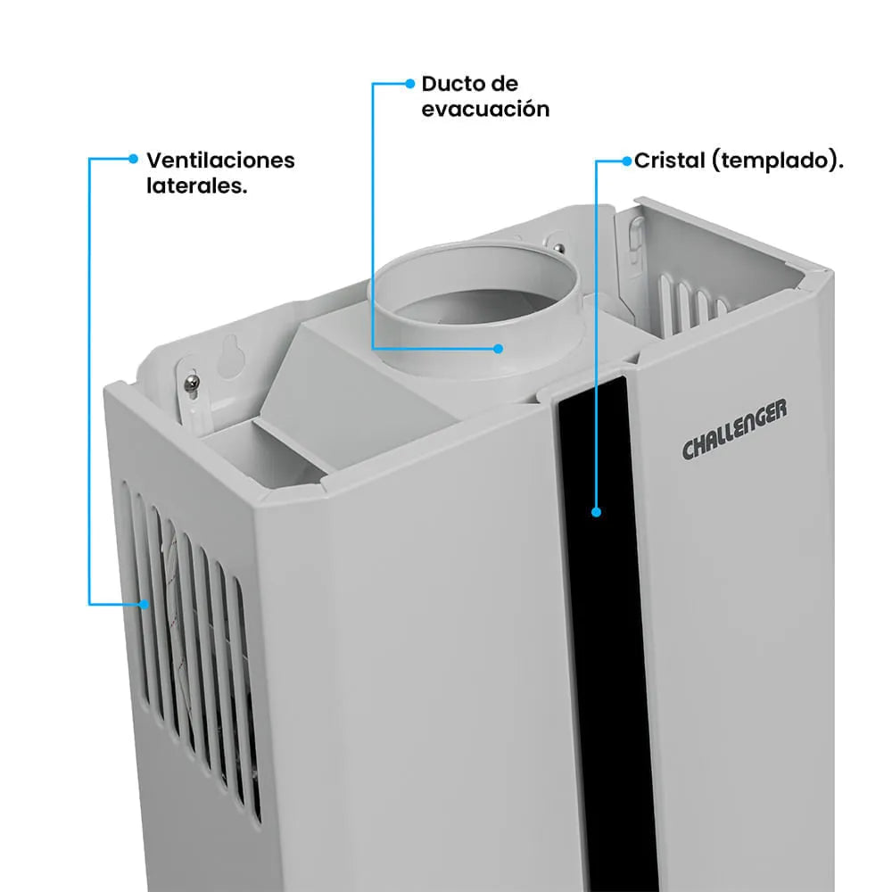 Calentador de paso a gas Challenger 10Lts Tiro Natural Blanco con encendido automático y display digital - WHN 7102
