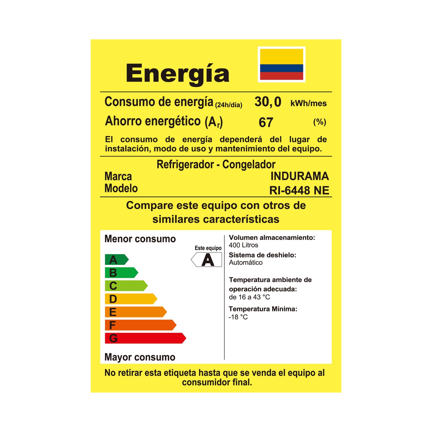 Nevera Indurama RI-6448NE con Congelador Inferior 400 Lt
