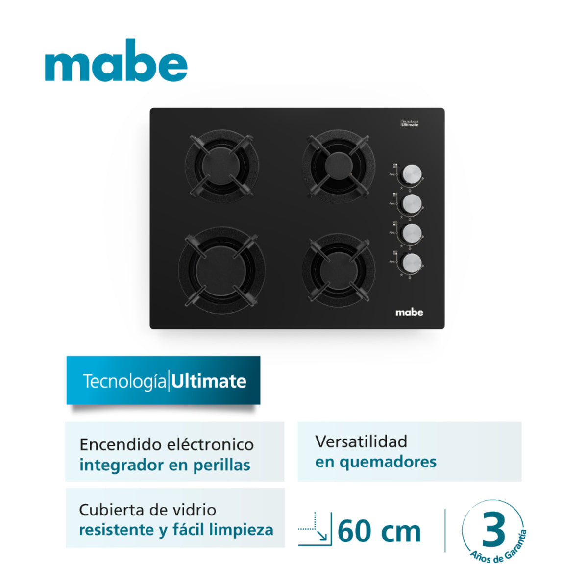CUBIERTA MABE EMPOTRABLE 60CM VIDRIO NEGRO PM6046V0