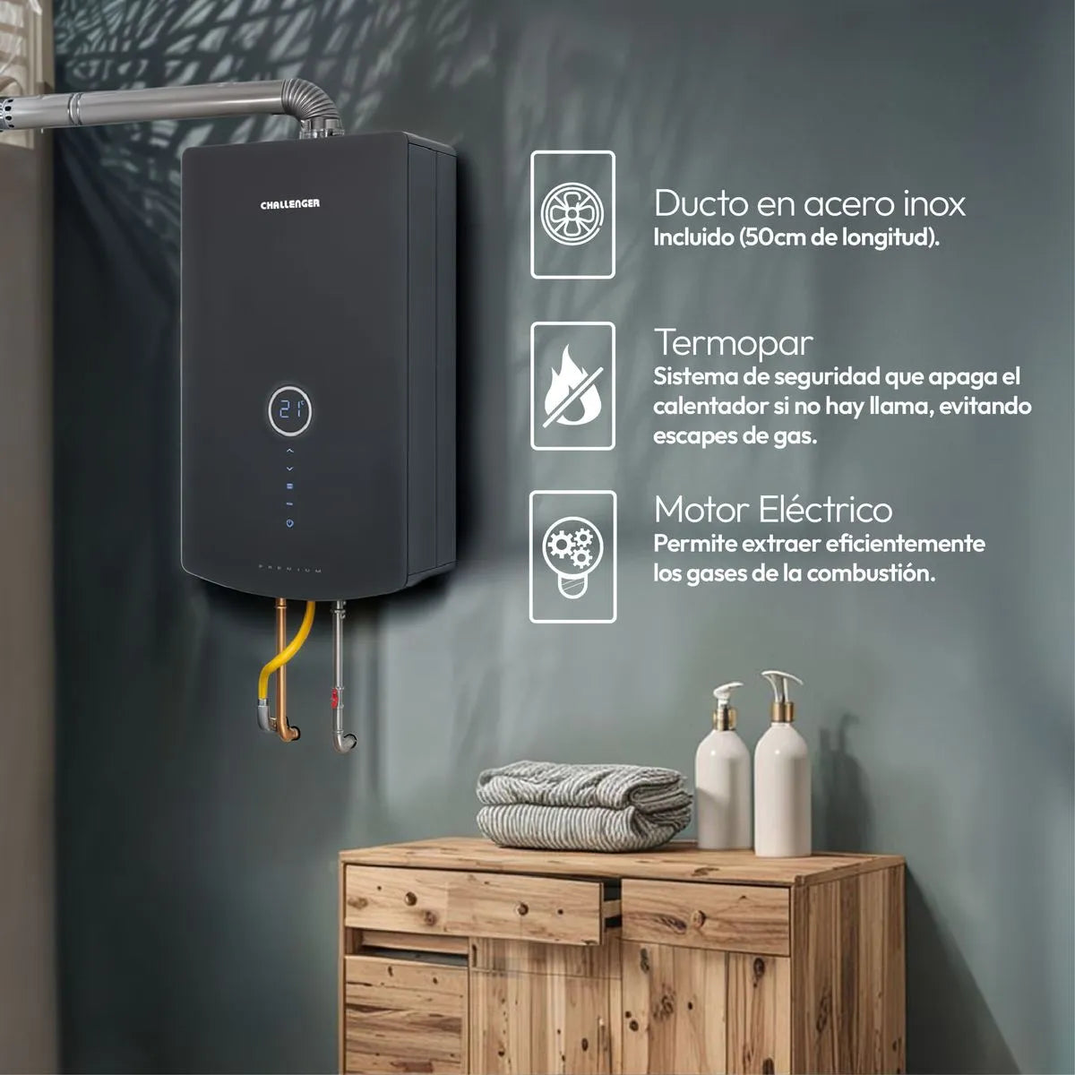 Calentador de Paso Challenger Gas Natural 12 Lts Tiro Forzado - WHD7125-GN