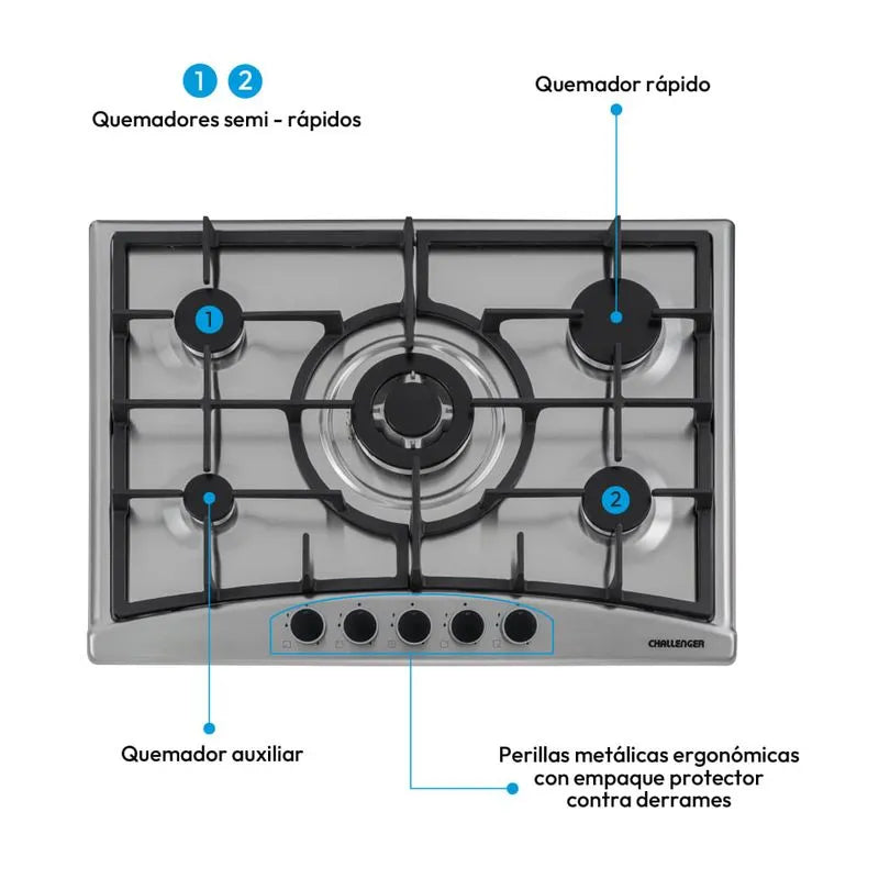 Estufa de Empotrar Challenger 70 cm 5 Pts Gas Natural - SA-6170-EI