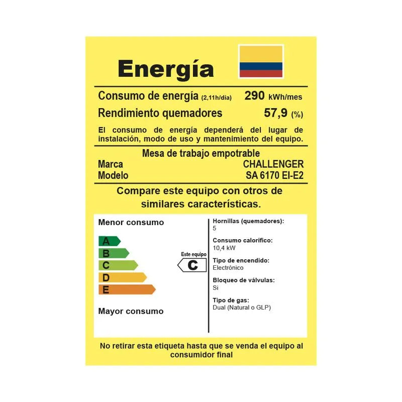 Estufa de Empotrar Challenger 70 cm 5 Pts Gas Natural - SA-6170-EI