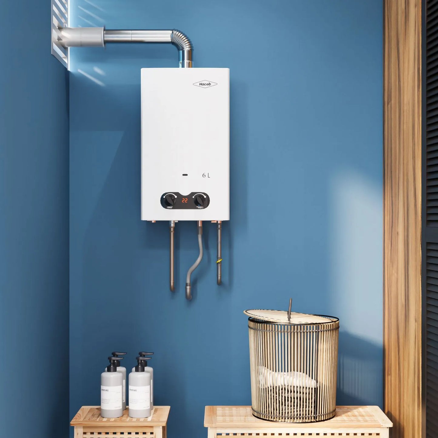 Calentador paso tiro forzado 6 L gas natural blanco Haceb CP BAMBÚ 6 LT TF GN DISP BL