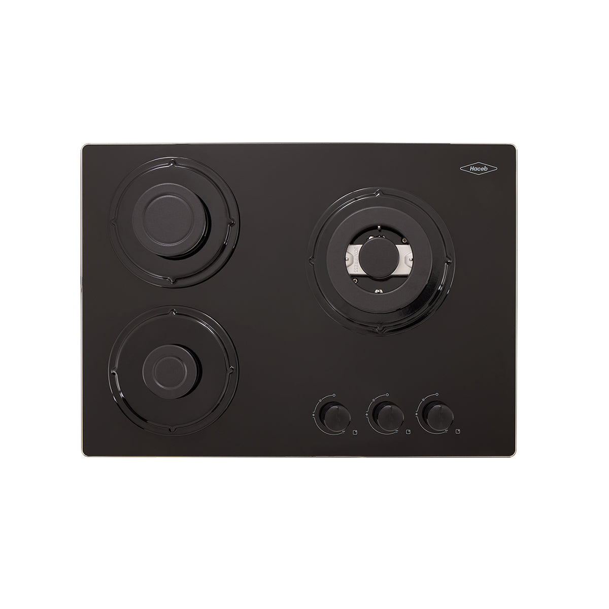 Estufa de Empotrar Cristal Haceb con fogón triple corona color plata de 3 puestos - 60x43 cm a Gas Natural Negra - CUB TO PLATA 3C 60-43 CRISTAL HF 3Q GN - Logística Haceb