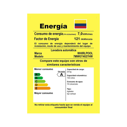 TORRE WHIRLPOOL 20KG BLANCA GAS 7MWGT4027HW