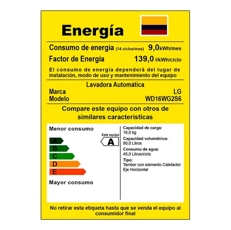 LAVADORA-SECADORA LG 16 KG BLANCA WD16WG2SS6.ABWECOL