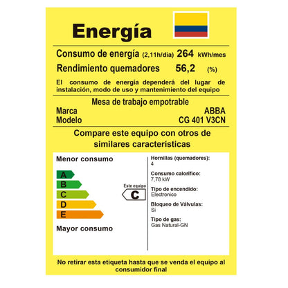 CUBIERTA ABBA EMPOTRAR 4PTS GAS EN VIDRIO CG-401-V3C GAS NATURAL