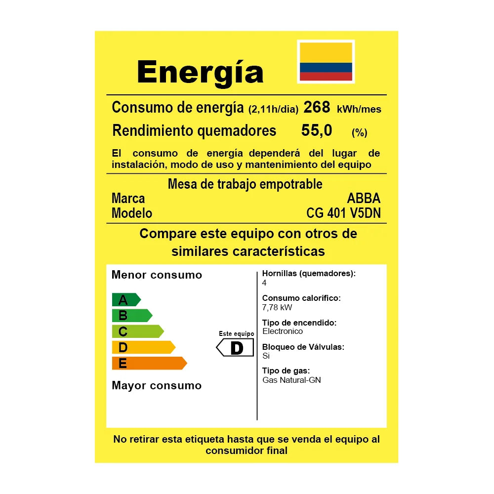 CUBIERTA ABBA 60CMS EMPOTRAR 4 PTOS GAS NATURAL VIDRIO CG-401-V5D-N