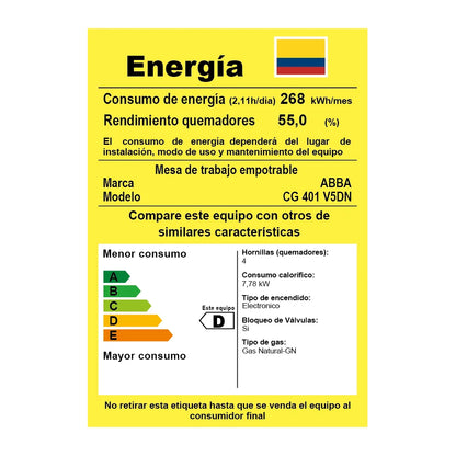 CUBIERTA ABBA 60CMS EMPOTRAR 4 PTOS GAS NATURAL VIDRIO CG-401-V5D-N