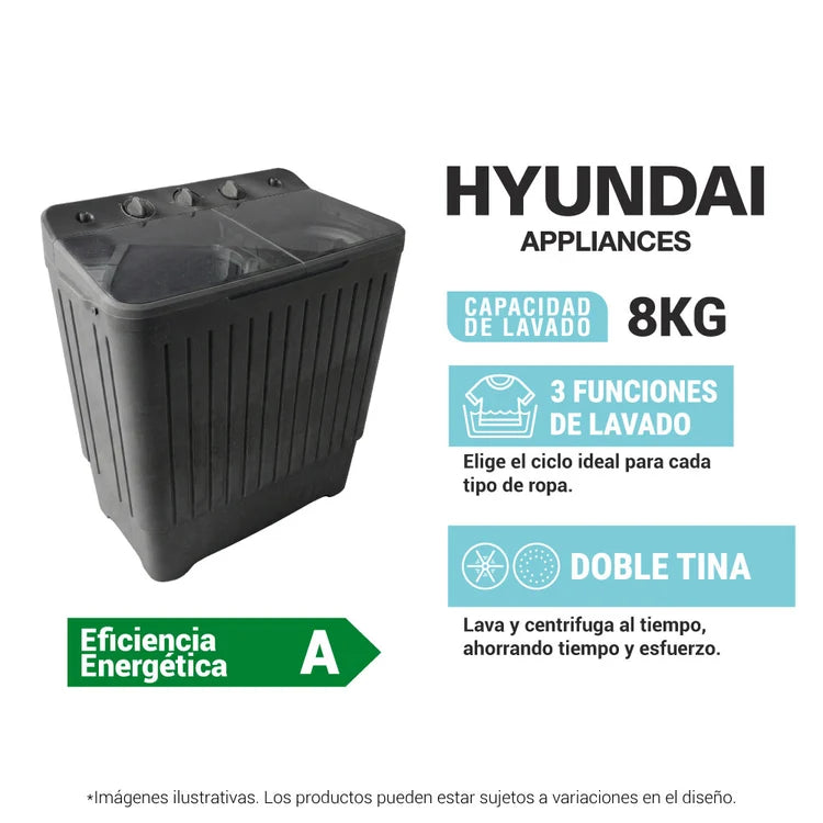 Lavadora Semiautomática Hyundai 8Kg Doble Tina Gris - HYSA8K