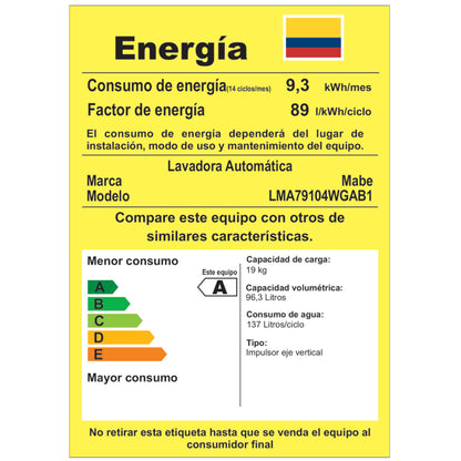 LAVADORA MABE 19KG GRIS LMA79104WGAB1