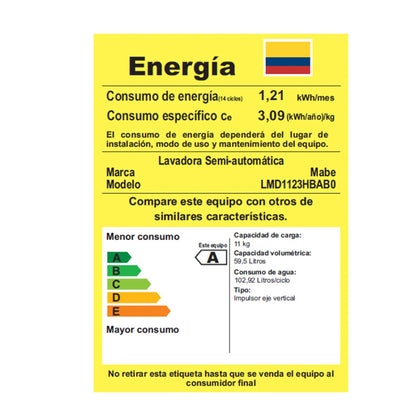 LAVADORA MABE 11KG SEMIAUTOMATICA LMD1123HBABO