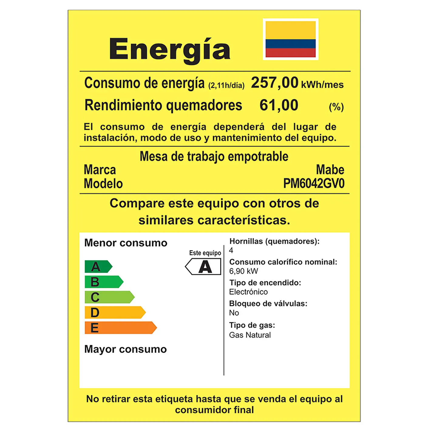 CUBIERTA MABE EMPOTRABLE 60CM PM6042GV0 GAS NATURAL