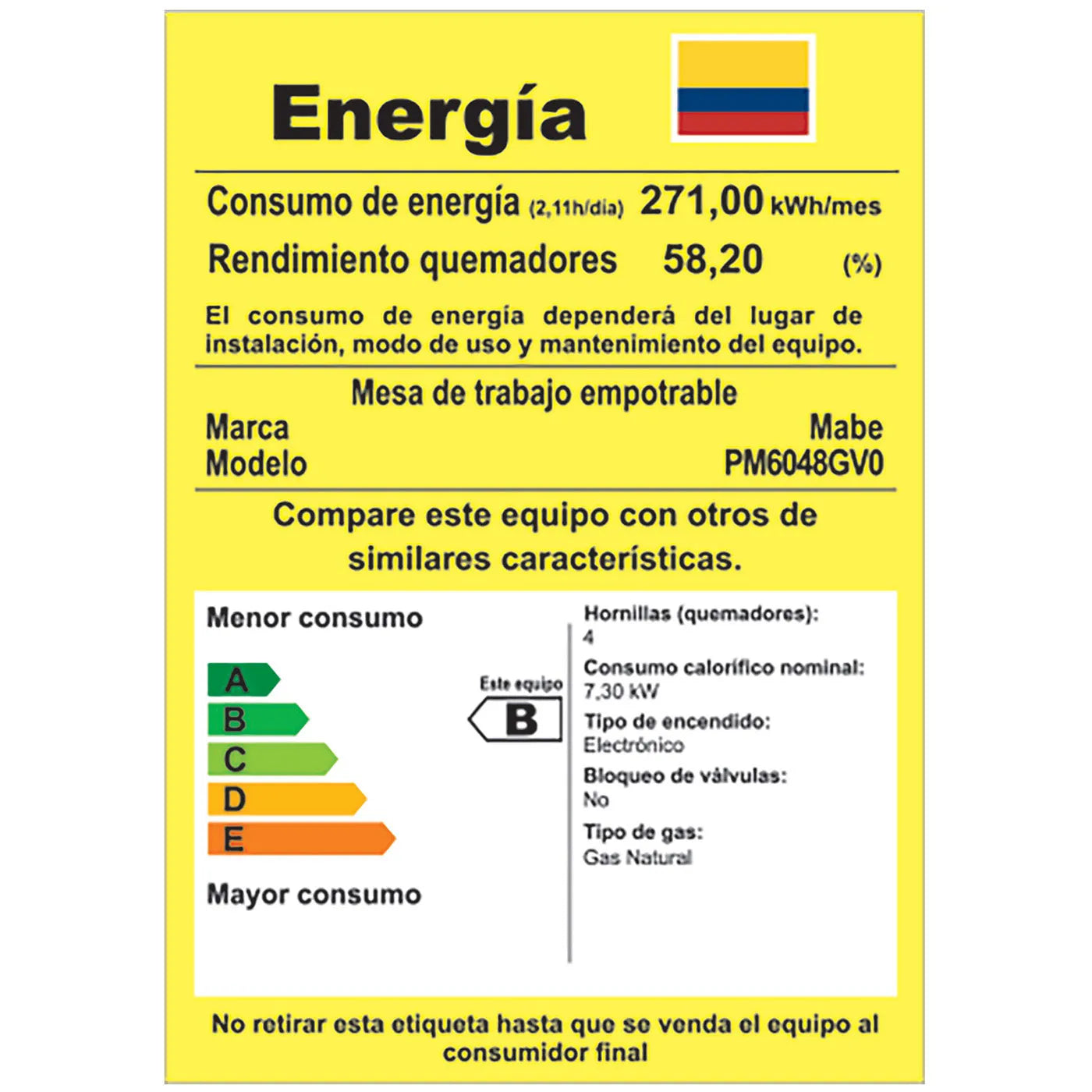 CUBIERTA MABE EMPOTRABLE PM6048GV0 GAS NATURAL