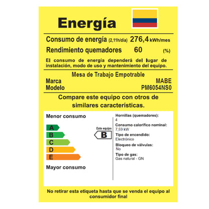 CUBIERTA MABE EMPOTRAR 60 CM INOX PM6054NSO GAS NATURAL