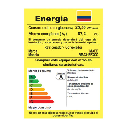 NEVERA MABE NO FROST DE 297 LTS CONGELADOR SUPERIOR RMA313FXCC