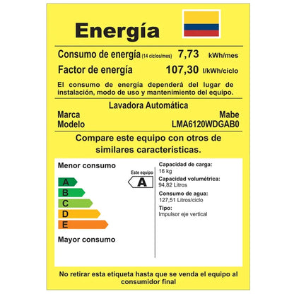 LAVADORA MABE 16KG AUTOMATICA PROPELA LMA6120WDGABO