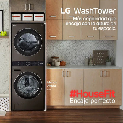 TORRE DE LAVADO Y SECADO LG WASH TOWER 25 KILOS LAVADORA Y 22 KILOS SECADORA WK25BS6 NEGRA - TECNOLOGÍA DE INTELIGENCIA ARTIFICIAL Y EFICIENCIA ENERGÉTICA