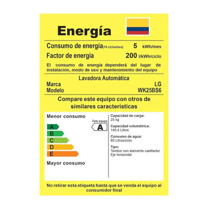 TORRE DE LAVADO Y SECADO LG WASH TOWER 25 KILOS LAVADORA Y 22 KILOS SECADORA WK25BS6 NEGRA - TECNOLOGÍA DE INTELIGENCIA ARTIFICIAL Y EFICIENCIA ENERGÉTICA