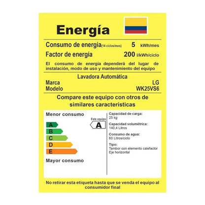 TORRE DE LAVADO Y SECADO LG WASH TOWER 25 KILOS LAVADORA Y 22 KILOS SECADORA WK25VS6 GRIS - TECNOLOGÍA DE INTELIGENCIA ARTIFICIAL, AHORRO DE ENERGÍA Y RENDIMIENTO SUPERIOR